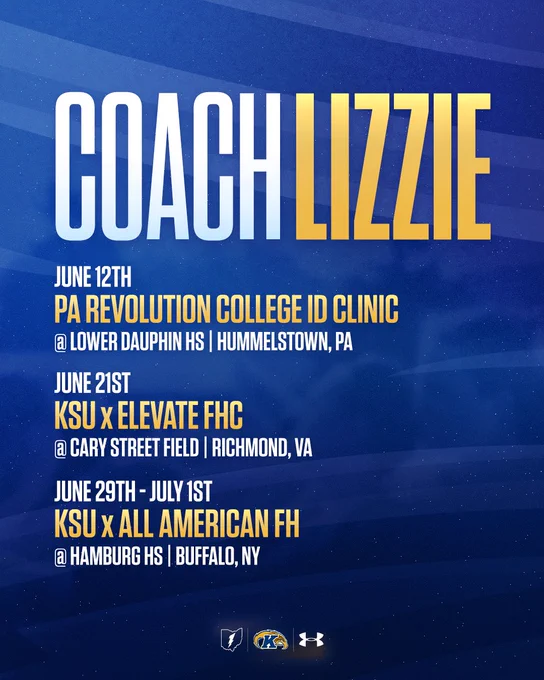 The image is a promotional poster with a blue background titled "Coach Lizzie," highlighting three events: PA Revolution College ID Clinic on June 12th at Lower Dauphin HS, Hummelstown, PA; KSU x Elevate FHC on June 21st at Cary Street Field, Richmond, VA; and KSU x All American FH from June 29th to July 1st at Hamburg HS, Buffalo, NY. Logos are at the bottom.