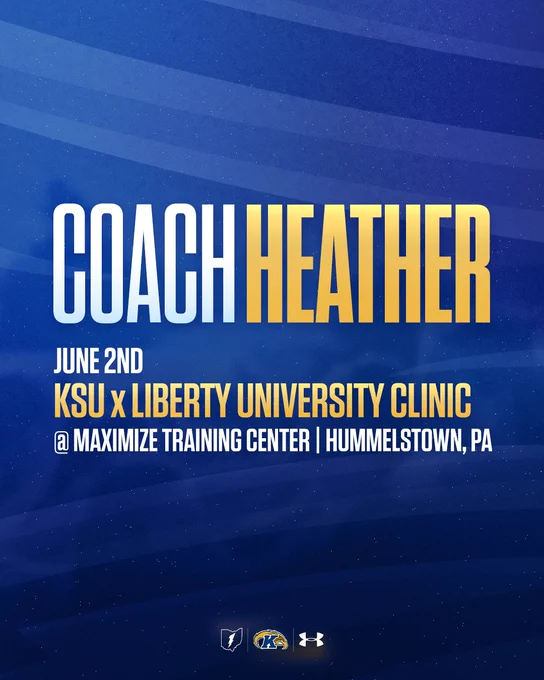Promotional poster for a sports clinic featuring "Coach Heather" on June 2nd, hosted by KSU and Liberty University at Maximize Training Center in Hummelstown, PA. Logos include KSU, Liberty University, and Under Armour at the bottom.