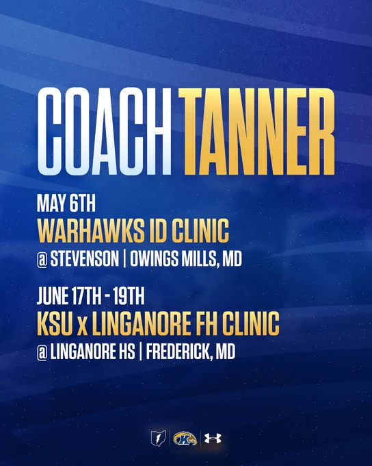 Text displaying information about sports clinics. Title reads "Coach Tanner." Details: "May 6th, Warhawks ID Clinic at Stevenson, Owings Mills, MD." Also, "June 17th - 19th, KSU x Linganore FH Clinic at Linganore HS, Frederick, MD." Logos at the bottom. Blue background.