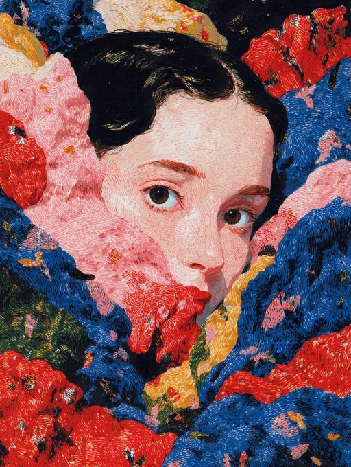 An artistic portrait by Paulos Savvidis, featuring a woman's face emerging from vibrant, multi-colored textures that resemble intricate embroidery.