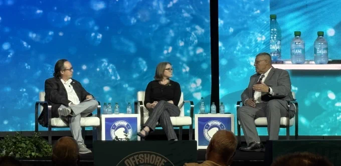 Dr. Megan Carr of BOEM and Bryan Domangue of BSEE are speaking during a fireside chat at the Offshore Technology Conference.