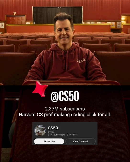 Aman in a maroon hoodie sitting in an empty theater. Text describes him as @CS50, a Harvard CS professor.