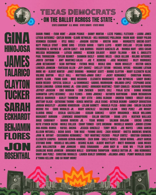 Music festival style poster listing the names of Texas Democrats running across the state.
