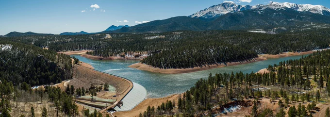 South Catamount Reservoir is refilled with water in this April image; Pikes Peak is visible in the background