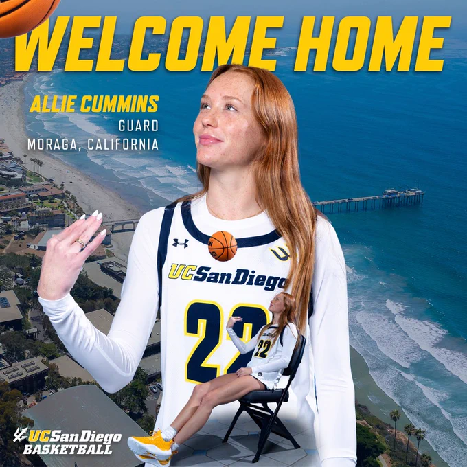 A promotional graphic features a young female basketball player wearing a white UC San Diego jersey with the number 22. She is posed against an aerial coastal background showing a beach, ocean waves, and a pier. Large yellow text at the top reads “WELCOME HOME.” To the left of her head, smaller text reads “ALLIE CUMMINS,” with “GUARD” and “MORAGA, CALIFORNIA” beneath it.
The athlete looks slightly upward and to her right with a confident, hopeful expression. Her left hand is throwing a basketball, and a small basketball graphic appears near her shoulder. A stylized, smaller duplicate of her figure is composited near her torso, seated on a chair and mirroring a similar pose.
At the bottom left corner, the UC San Diego Basketball logo is visible. The overall design uses bold school colors (yellow, navy, and white) and layered imagery to create a celebratory “welcome” announcement for the athlete joining the team.