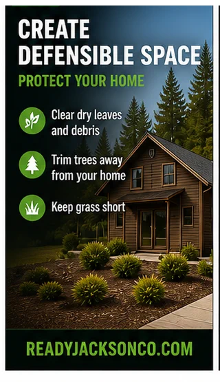 Graphic showing a house surrounded by trees with checklist text: clear brush, keep grass short, prune trees, remove debris. Includes Jackson County Emergency Management logo and website.