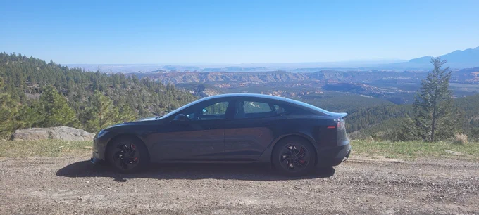Tesla Model S Plaid parked on an overlook in the Dixie National Forest/Grand Staircase-Escalante National Monument. 