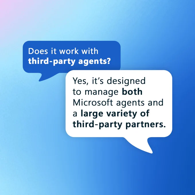 A graphic with two speech bubbles on a gradient blue background, one asking "Does it work with third-party agents?" and the other responding, "Yes, it’s designed to manage both Microsoft agents and a large variety of third-party partners."