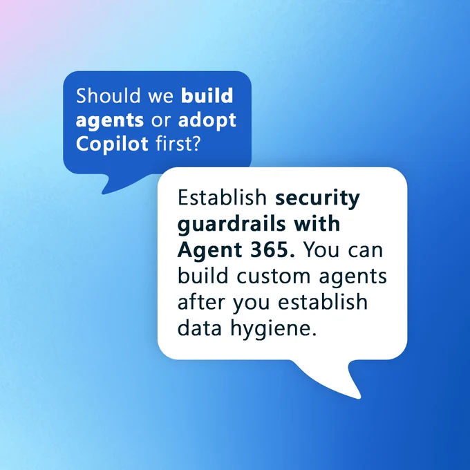 Two speech bubbles discussing building agents or adopting Copilot, with a recommendation to establish security guardrails using Agent 365.