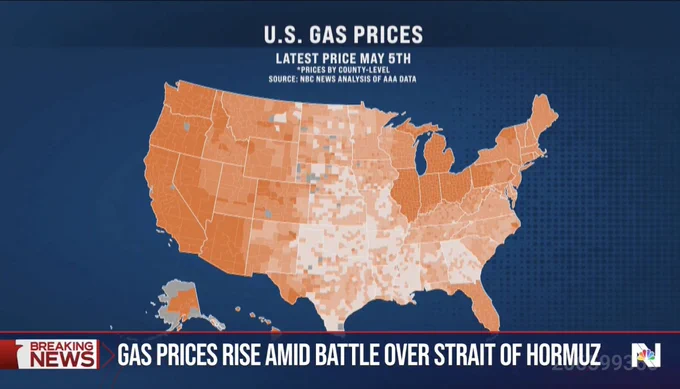 A frame from NBC Nightly News showing a county map of U.S. average gas prices with the text "Gas prices rise amid battle over Strait of Hormuz"