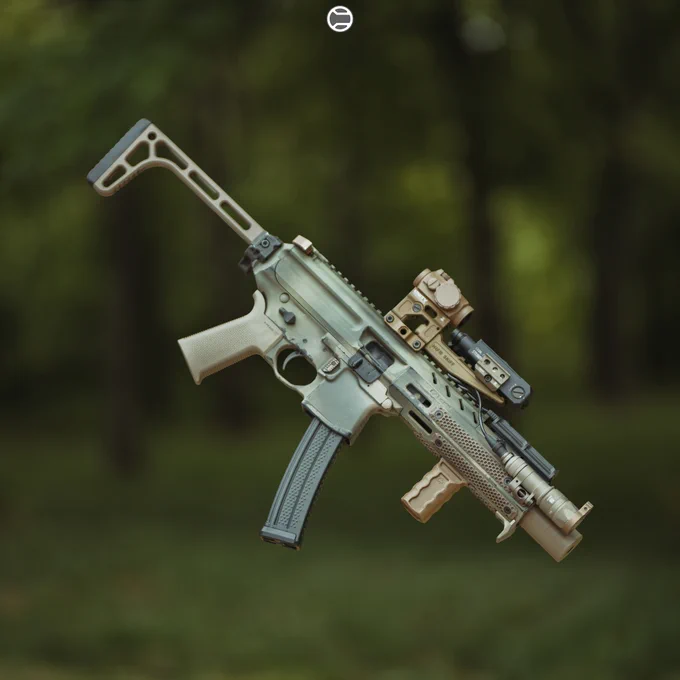 RailScales QTR Stop, RSBM-P Polymer M-LOK VFG, G10 RailScales M-LOK Scales (MiniDot, TerraCore, 3-Slot), G10 Solo's M-LOK Scales (MiniDot, TerraCore, 1-Slot), QDX Sling Mount, Halftop Mount for Scout Light Pro Lights, MCX CSMR Mag Button | Sig Sauer MPX-K SBR, SilencerCo Omega 9K Suppressor, Lancer Systems CF MPX 8" Handguard, Surefire M340V-Pro Scout Light Pro IR Weapon Light w/ SR07-D-IT Switch & Geissele Vampire Light Throw Lever, Aimpoint Micro T-2 RDS in 20150 Cerakote on Unity Tactical FAST Micro Mount, Steiner CQBL-1 Laser on HRF Concepts SKIFF Mount, Geissele MPX Trigger & MPX Charging Handle, Magpul SL FDE Grip, Parker Mountain Machine ULSS Stock.