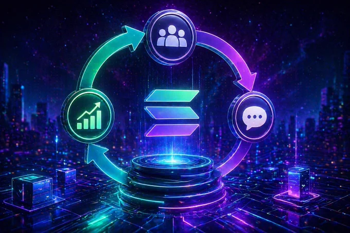 Futuristic digital illustration of a continuous feedback loop with glowing arrows, user icons, analytics, and communication symbols surrounding a central system, representing iterative development, user-driven improvement, and real-time platform evolution for Kinny List, a Solana-powered Web3 marketplace focused on usability, reliability, and community feedback.