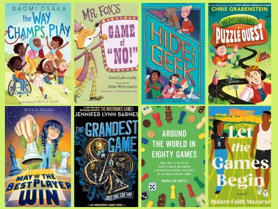 Covers of eight diverse books for different age groups about games and competition, featuring colorful illustrations and playful typography.