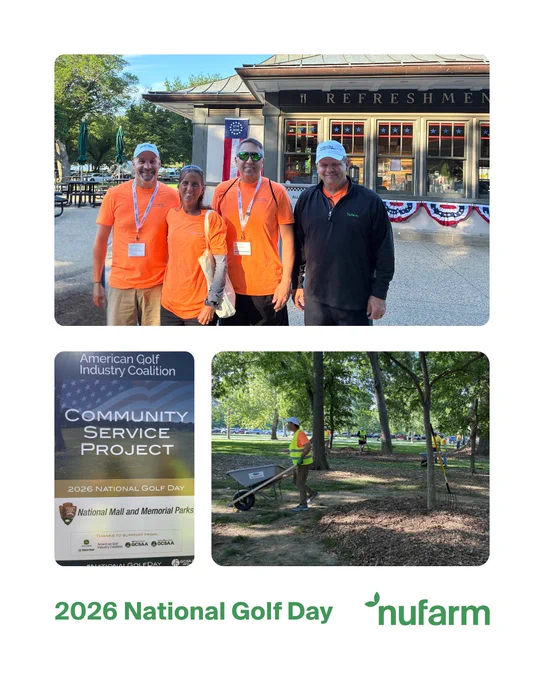Left, man in high-vis safety gear, pushes a wheelbarrow full of mulch in open shaded area. Nufarm team of four, smiling and posing in orange and black shirts.