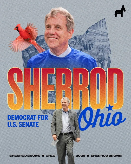 A graphic featuring a portrait of Sherrod Brown smiling in a blue sweater, layered over an outline of Ohio and a crowd of supporters. A red cardinal is in mid-flight to the left, and a smaller full-body image of Sherrod Brown in a gray suit appears at the bottom. Bold text reads "Sherrod" in a red-to-yellow gradient, with the words "Democrat for U.S. Senate" and "Ohio" in blue below, with a donkey logo at the bottom.