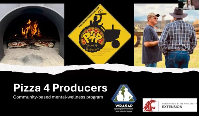 Slide titled “Pizza 4 Producers: Community-based mental-wellness program.” The top shows three images: pizzas baking in a wood-fired oven, a yellow Pizza 4 Producers logo with a tractor, and two men talking outdoors in a rural setting. Logos for WRASAP and Washington State University Extension appear at the bottom.