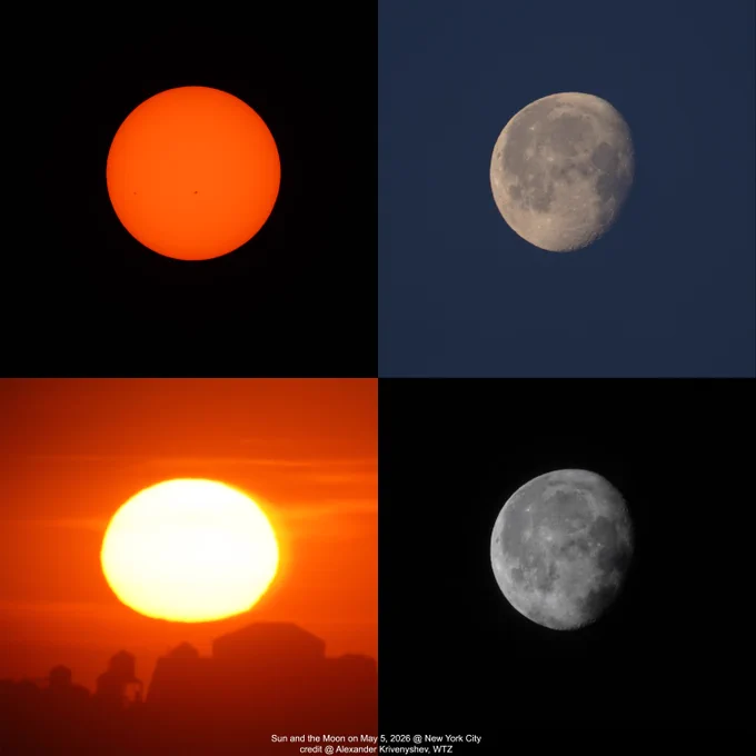 Sun and the Moon on May 5, 2026 - sunrise over the Upper West Side of Manhattan, NYC (no filter), Sun & sunspots (solar filter) and morning Moon.

#moon
#sunspots
#todaymoon
#todaysun
#Manhattan 
#newyorkcity




