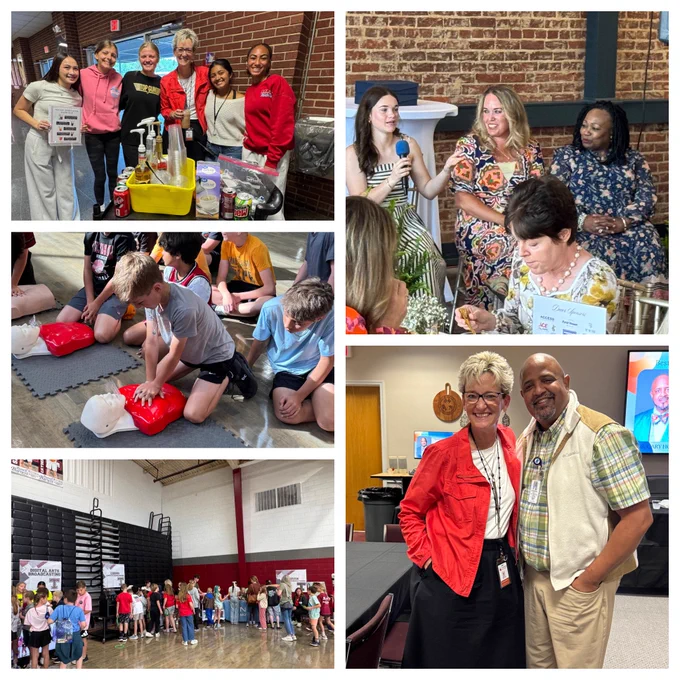 Pic collage of high school students delivering treats to teachers, elementary students learning about careers from high school CTE students, three women serving on a panel and speaking at a luncheon, and two superintendents smiling together.