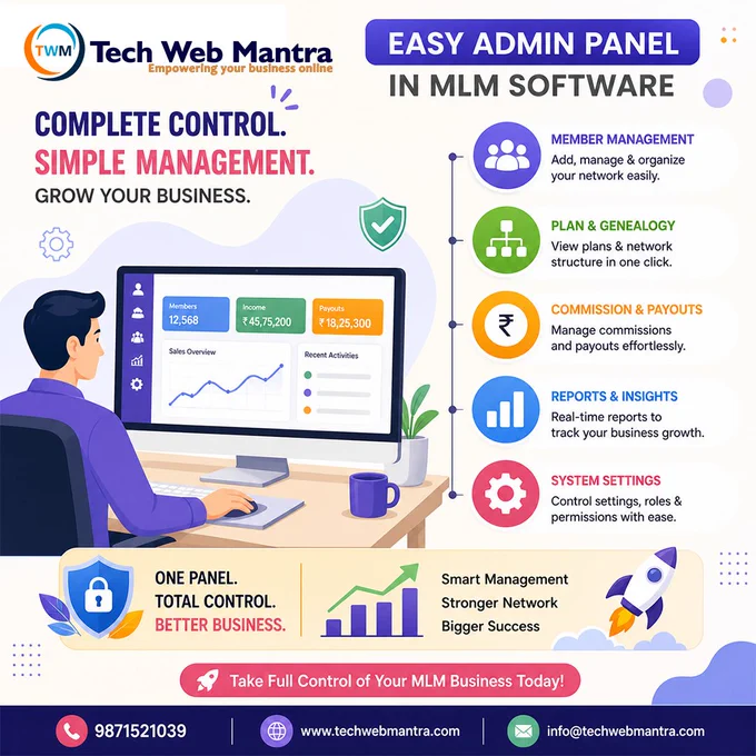 A modern promotional graphic by Tech Web Mantra showcasing an easy admin panel in MLM software. The design features a person working on a desktop screen displaying a dashboard with key metrics like total members, income, and payouts. The headline highlights “Complete Control, Simple Management, Grow Your Business.” On the right side, key features are listed including member management, plan and genealogy tracking, commission and payout handling, real-time reports, and system settings. Visual icons represent each feature for clarity. The bottom section emphasizes benefits like total control, smart management, stronger networks, and business growth. Contact details including phone number, website, and email are clearly displayed. The overall design communicates simplicity, efficiency, and complete control in MLM business management.

bestmlmsoftware, mlmsoftwarecompany, mlmsoftwaredevelopment, mlm admin panel, mlm dashboard software, binary mlm software, matrix mlm software, mlm manage