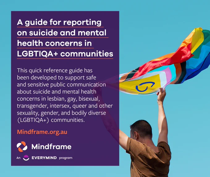 Social media tile.
Image shows a man raising a LGBTIQ  flag above his head under a cloudless blue sky.
Text reads:
A guide for reporting on suicide and mental health concerns in LGBTIQA  communities.
This quick reference guide has been developed to support safe and sensitive public communication about suicide and mental health concerns in lesbian, gay, bisexual, transgender, intersex, queer and other sexuality, gender and bodily diverse (LGBTIQA ) communities.
Mindframe.org.au