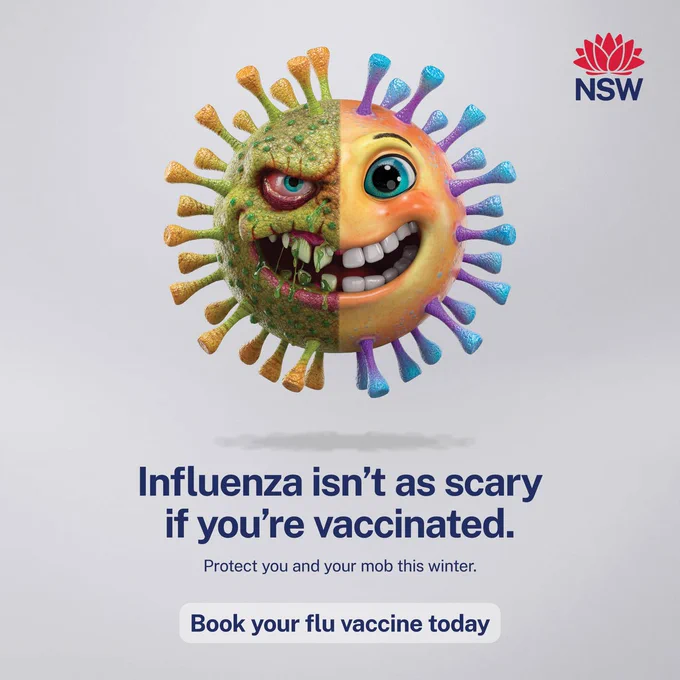 NSW Health graphic showing a cartoon influenza virus split in half: one side scary and diseased, the other friendly and smiling. Text reads ‘Influenza isn’t as scary if you’re vaccinated’ with a button to book a flu vaccine. 