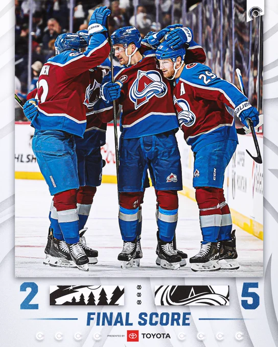 Final Score from Game Two.
Minnesota Wild, 2.
Colorado Avalanche, 5.

Presented by Toyota. 
