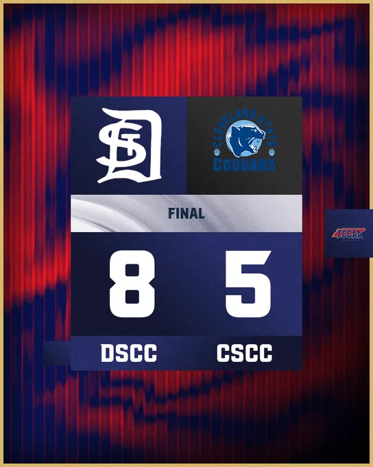 Final scoreboard showing DSCC defeating CSCC with a score of 8 to 5 against a red and blue background.