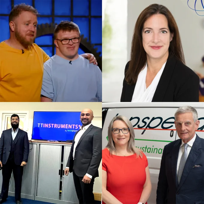 Some of this year’s North West winners of King’s Awards for Enterprise. Top left: Christian, Ross and Natalie of Stand Out Socks on BBC Dragons' Den in 2024; Top right: Lisa Roberts, Managing Director of SQS; Bottom left: Muhammad Geloo and Aziz Bham, Co-Directors of TT Instruments; Bottom right: Gillian Lockley, MD at Topspeed, with Stephen Clegg, CEO & Founder at Topspeed. Credits: BBC/SQS/TT Instruments/Andrew Collier Photography