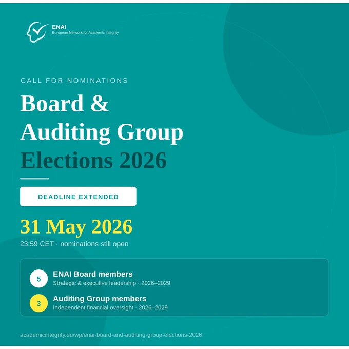 Informative announcement for the ENAI Board and Auditing Group elections in 2026. The deadline for nominations is extended to May 31, 2026, creating a sense of urgency.