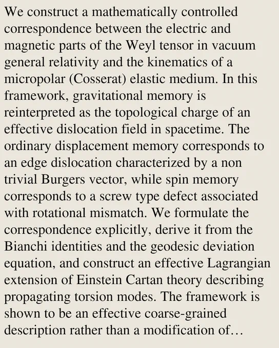 We construct a mathematically controlled correspondence between the electric and magnetic parts of the Weyl tensor in vacuum general relativity and the kinematics of a micropolar (Cosserat) elastic medium. In this framework, gravitational memory is reinterpreted as the topological charge of an effective dislocation field in spacetime. The ordinary displacement memory corresponds to an edge dislocation characterized by a non trivial Burgers vector, while spin memory corresponds to a screw type defect associated with rotational mismatch. We formulate the correspondence explicitly, derive it from the Bianchi identities and the geodesic deviation equation, and construct an effective Lagrangian extension of Einstein Cartan theory describing propagating torsion modes. The framework is shown to be an effective coarse-grained description rather than a modification of classical GR, and we discuss its observational viability.