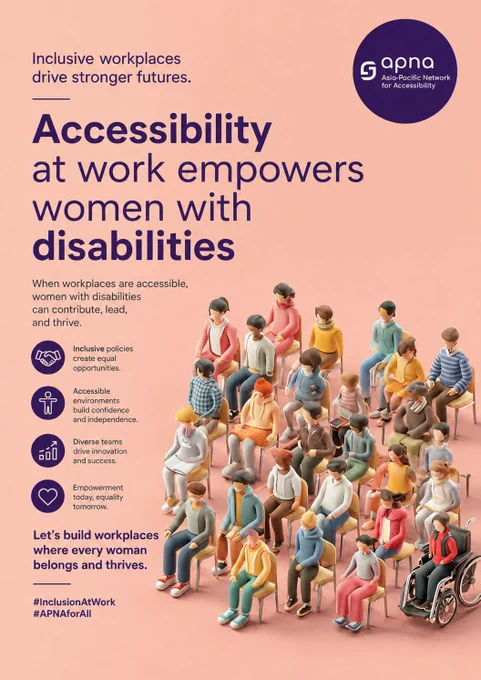 Illustrated social media poster showing diverse women, including women with disabilities, promoting accessibility and inclusion in the workplace, with the APNA logo in the top-right corner