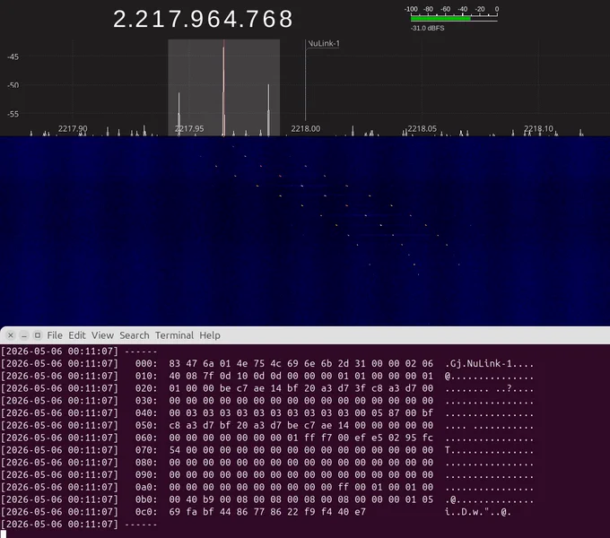 38k4 AX100 packets from NuLink-1 in GQRX.    GNU Radio / gr-satellites decoded the strongest packet!