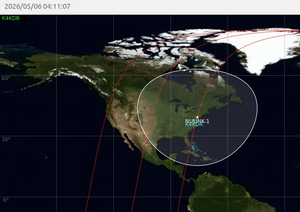NuLink-1 orbit in GPredict tracking NE-to-SW over the Eastern U.S.