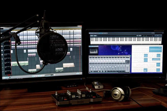 Home music production setup with two monitors displaying audio editing software, a microphone with pop filter on a boom arm, a DJ controller on the desk, and headphones resting nearby.