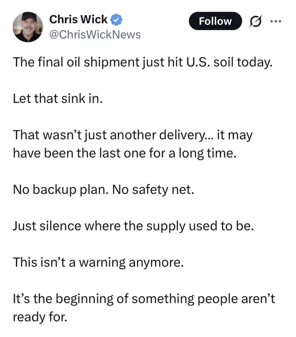 A tweet discusses the final oil shipment to the U.S., expressing concern over potential long-term supply shortages.