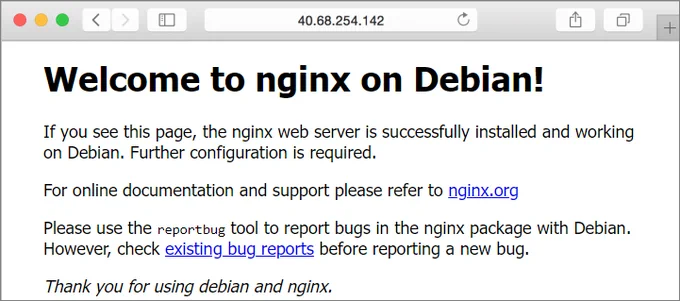 Screenshot showing the N G I N X default web page.
