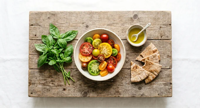 A top-down, minimalist shot of a rustic wooden table featuring a bowl of vibrant, multi-colored tomatoes, a bunch of fresh green basil, a small dish of golden olive oil with a spoon, and whole-grain pita wedges, set against a clean, white background with soft, natural lighting.