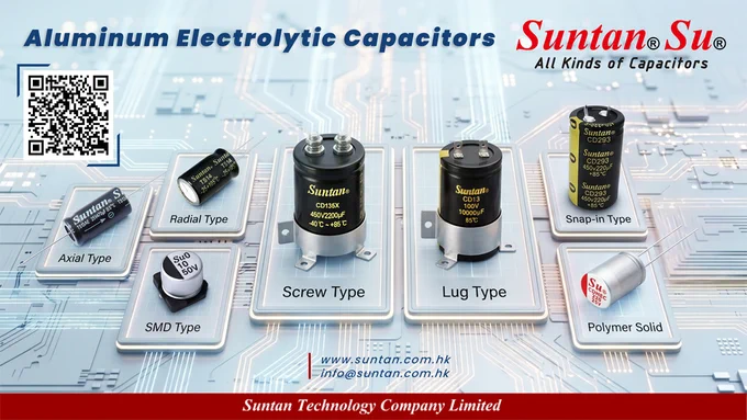 Suntan aluminum electrolytic capacitors promotional banner showing axial, radial, SMD, screw, lug, snap-in, and polymer solid capacitor types with QR code and contact information.