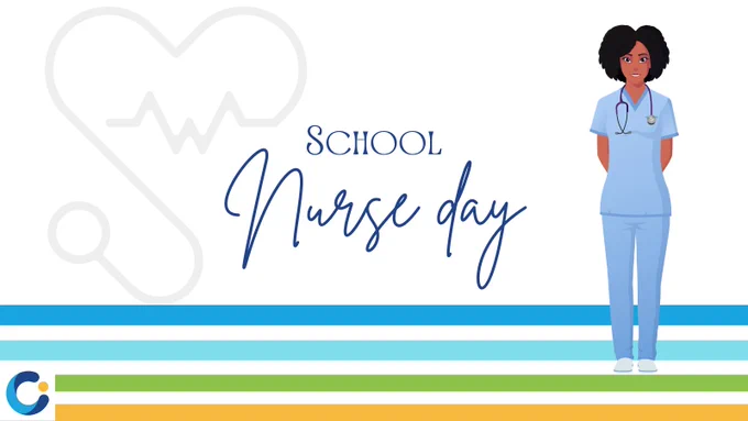 Illustration of a female nurse in blue scrubs with a stethoscope, celebrating School Nurse Day with a heart and stethoscope graphic in the background.
