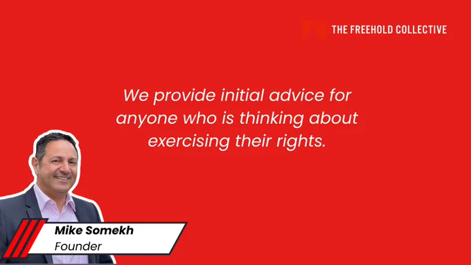 TFC branded red flyer saying 'We provide initial advice for anyone who is thinking about exercising their rights' (our draft proposal stage is also free of charge, so you have nothing to lose by asking for info)
