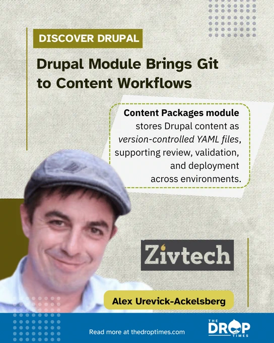 Vertical card shows title “Drupal Module Brings Git to Content Workflows” and a deck on YAML-based version-controlled content. Includes Drupal module and developer workflow context.