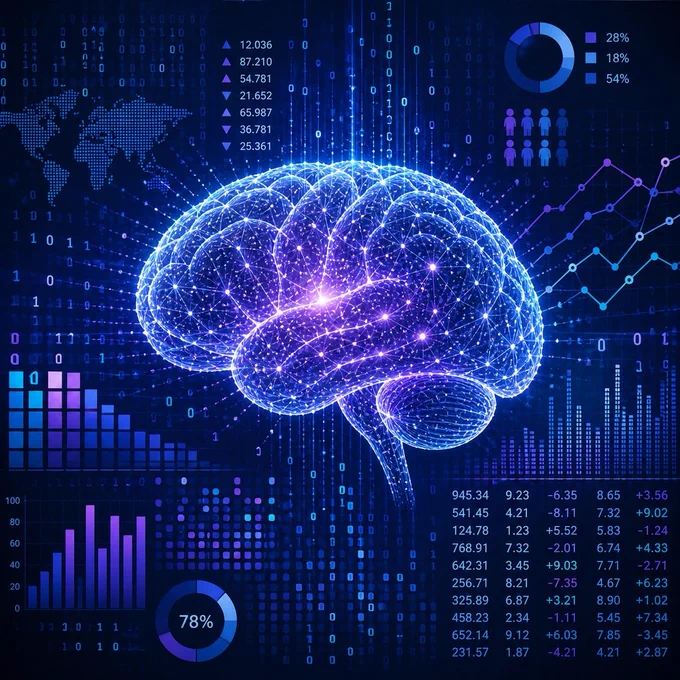 Futuristic illustration of a glowing digital brain surrounded by data visualizations, graphs, and binary code, symbolizing artificial intelligence, analytics, and global data networks.