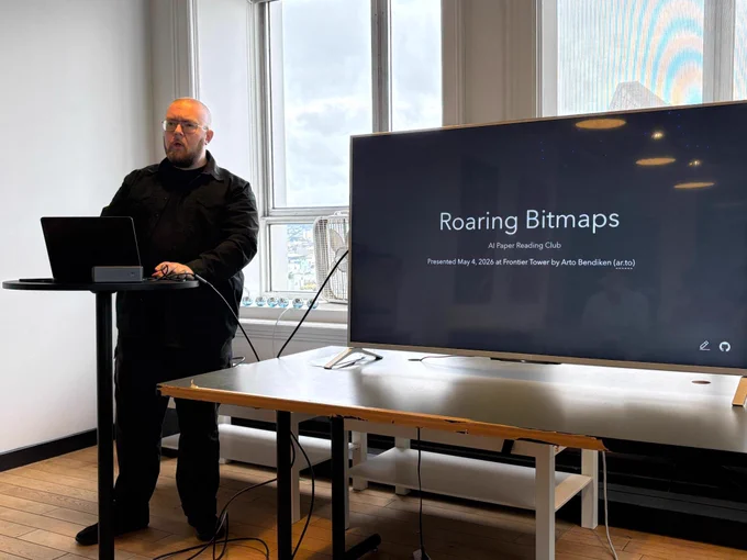 Arto Bendiken leading a paper reading of the Roaring Bitmaps papers at the AI Paper Reading Club at Frontier Tower in San Francisco on May 4, 2026