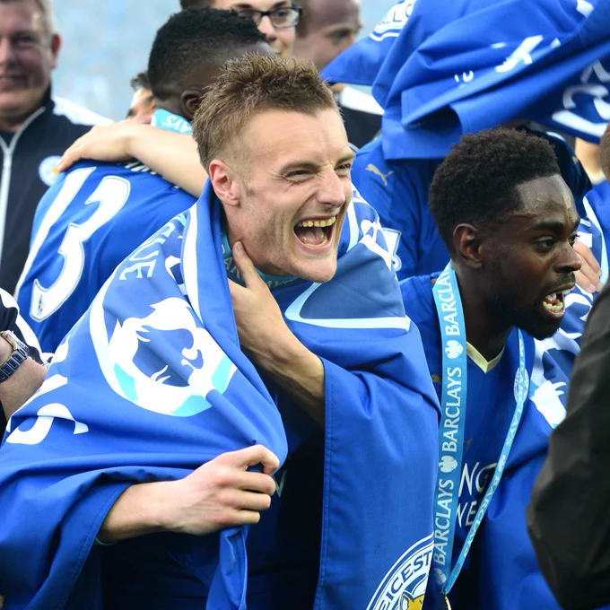 Jamie Vardy celebrates winning the Premier League.