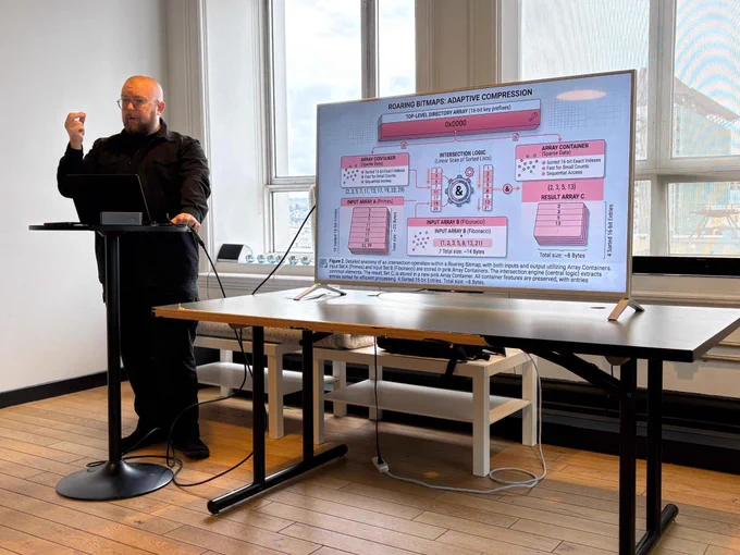 Arto Bendiken leading a paper reading of the Roaring Bitmaps papers at the AI Paper Reading Club at Frontier Tower in San Francisco on May 4, 2026