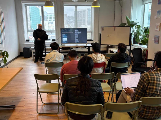Arto Bendiken leading a paper reading of the Roaring Bitmaps papers at the AI Paper Reading Club at Frontier Tower in San Francisco on May 4, 2026