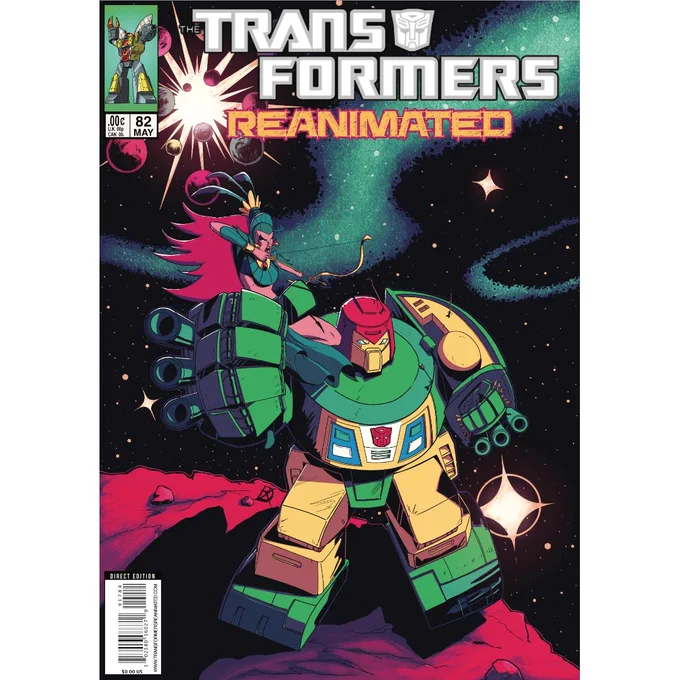 The cover for the Transformers REANIMATED Issue 82 features Cosmos standing proud on an asteroid holding up an angry Talaria in his right hand. She has  her bow and arrow drawn at Cosmos' head. His body looks to have already taken several arrow shots. The Autobot crushes a fist full of arrows in his left hand. The background of this comic book cover has very Jack Kirby inspired space background.