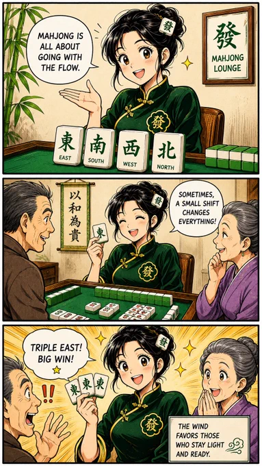 A colorful manga-style three-panel comic inspired by Mahjong gameplay at Mahjong Lounge. In the first panel, a cheerful animated girl wearing a dark green traditional-inspired outfit explains Mahjong strategy while pointing toward East, South, West, and North wind tiles arranged on a Mahjong table. A speech bubble reads, “Mahjong is all about going with the flow.” The second panel shows her playing Mahjong with two elderly players in a cozy indoor Mahjong room decorated with bamboo accents and framed artwork. She explains how small shifts in strategy can change the game. In the final panel, the character celebrates a winning Mahjong hand by holding three East wind tiles while the surrounding players react with excitement. Warm yellow lighting and expressive illustrations create a welcoming and energetic atmosphere that reflects the playful, social, and strategic experience of Mahjong Lounge in Bangalore.