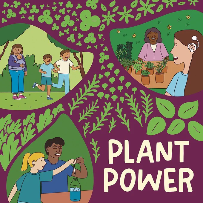 Illustration depicting drawings of people in leaf-shaped cut outs. From the upper left to bottom they depict a family playing in the Botanic Gardens, a woman with a hearing aid looking at potted plants as well as two children performing a science experiment that is causing a bottle of liquid to bubble.