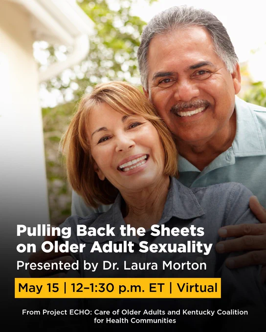 Older adult couple smiling. Information for virtual session "Pulling Back the Sheets on Older Adult Sexuality"